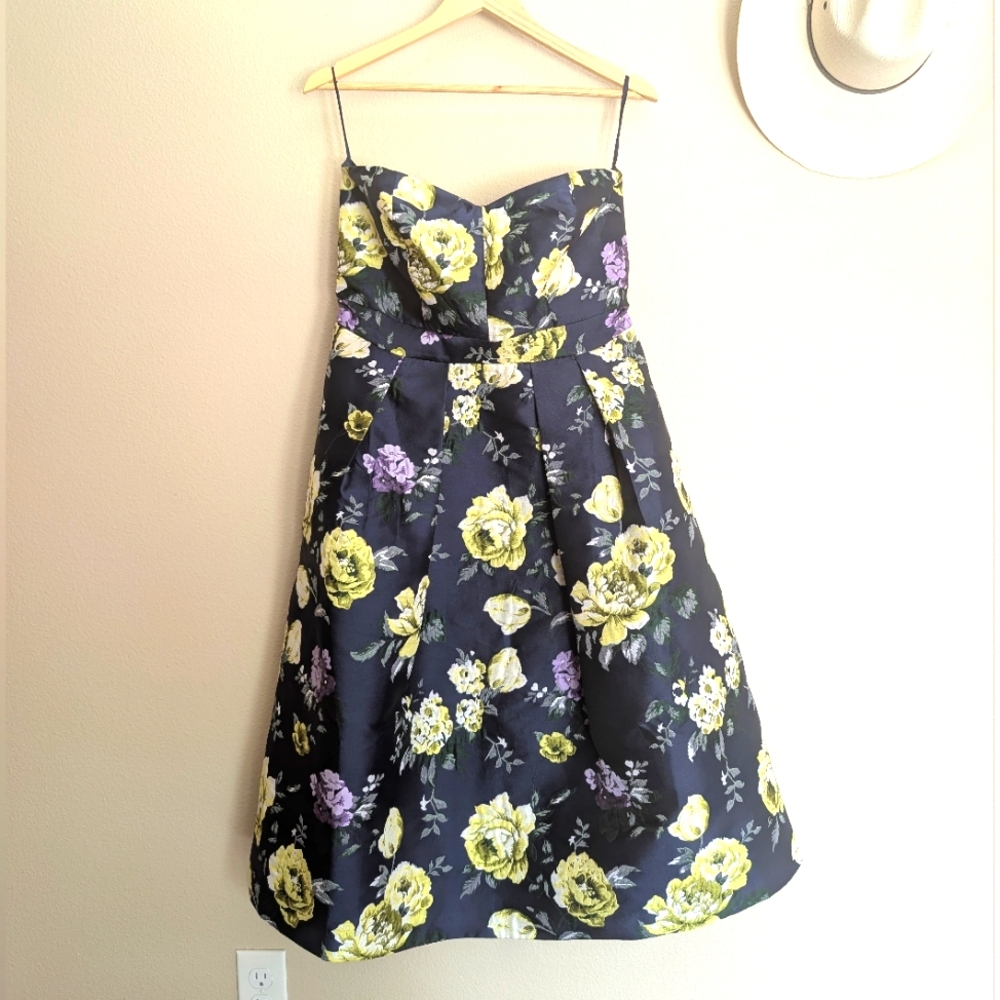 Alexia Admor Jacquard Blue Floral Brocad Midi Tea Length Dress Sweetheart Size 8